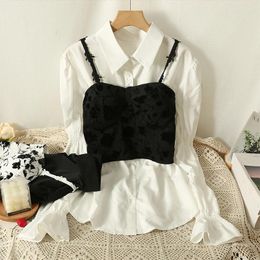 Women's Blouses Women Two Piece Set Vintage Autumn Spaghetti Strap Sling Vest Shirt Puff Sleeve French Chic Camisas Fashion Drop