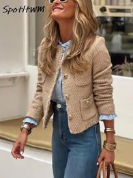 Autumn Camel Tweed Jacket For Women Elegant Long Sleeve Button Warm Cropped Blazer Female Y2K O-neck Pocket Vintage Short Coats 240127