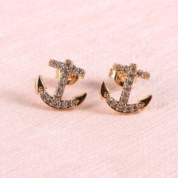 Stud Earrings 14K Gold Plated Anchor Earring For Women Girl Small Crystal Ear Studs Jewelry