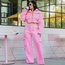 Women's Two Piece Pants Streetwear Velours Tracksuit Women Set Winter Clothes Loose Fit Pockets Jacket Top And Wide Leg Matching Sets