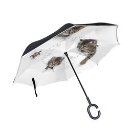 Car Reverse Umbrella Cats In Holes Double Layer Inverted Umbrella Rain Women Long Handle Windproof Travel Umbrella Parapluie 240123