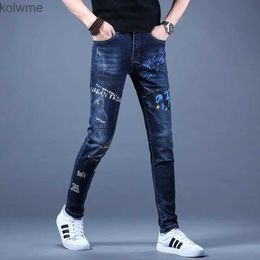 Men's Jeans High Quality Mens Slim-fit Stretch Blue Denim PantsTrendy Printing Scratches Casual Jeans Stylish Sexy Street Jeans Pants; YQ240205