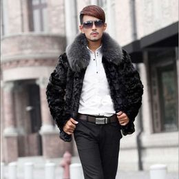 Autumn and Winter Mens Imitation Rabbit Hair Leisure Warm Slim Short Coat Fur Mink Lapel 4TT8