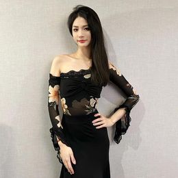 Stage Wear Sexy Slant Shoulder Latin Dance Tops Black Lace Long Sleeves Bodysuit Women Rumba Ballroom Performance Clothes DNV19312