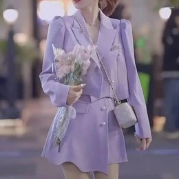 Two Piece Dress UNXX Spring Fashion Blazer Top Pleated Women Casual Purple Suit Coat Mini Skirt Set Korean Elegant Clothes