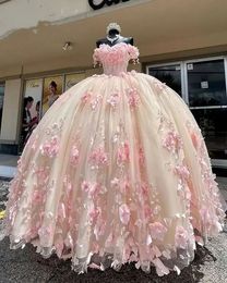 2024 Blush Pink Quinceanera Dresses Off Shoulder Lace Appliques 3D Floral Flowers Beads Corset Back Ball Gown Guest Dress Sweep Train Evening Prom Gowns