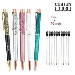 Pen 10 Refills Gold Foil Metal Ballpoint Lovely Crystal Oil Engraved Name Logo Office School Gift Stationery Pens