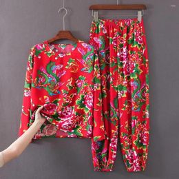 Women's Two Piece Pants Loose Fit Two-piece Suit Northeast Ethnic Flower Print T-shirt Set For Women Round Neck Long Sleeve Top Elastic