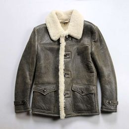 Casual Large Buckle Lapel Sheep Leather Fur Integrated Jacket for Mens Push Crack TMCS