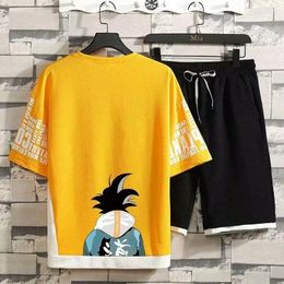 Men's Tracksuits Japan Casual Suit Summer High Street Harajuku Top Shorts Two Piece Set Anime Print Tee Short Pants Wear Sports