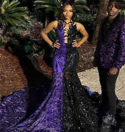 Modern Black And Purple Mermaid Prom Dresses Glitter Sequined Long Special Occasion Dress For African Girls Sleeveless Sexy Evening Dress 2024
