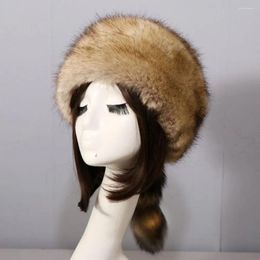 Berets Ladies Winter Hat Soft Faux Fur Decor Elastic Heat Retention Cossack Style Anti-slip Flat Top No Brim Outdoor Cap