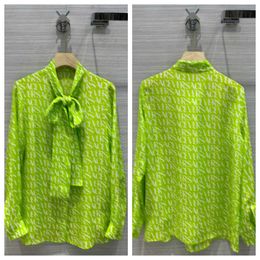 2024 Luxury Blouse Shirts Brand Letter Print Lapel Bow Trim Designer Shirt Metal Cufflinks Embellish Long Sleeves Casual Tops Blouses For Women Green