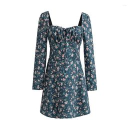 Casual Dresses YENKYE Sexy Elegant Women Floral Print Spring 2024 Long Sleeve Slim A-line Mini Ladies Dress Lacing Up Back Holiday Robe