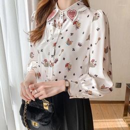 Women's Blouses Satin Casual Shirt Loose Printed Polo Neck Ladies Clothing Spring/Summer Long Sleeves Fashion Floral Tops