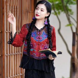 Ethnic Clothing 2024 Embroidery Chinese Style Summer Tang Suit Top Retro Disc Buckle Women Long Sleeve Elegant Daily Blouse S104