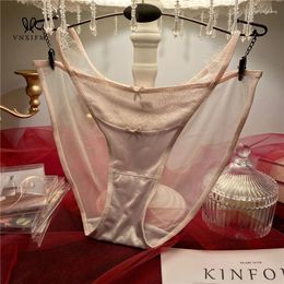 Women's Panties 2024 Low Waist High Split Hollow-out Micro-transparent Soft Yarn Briefs Bow Stitching Eyelash Lace Satin
