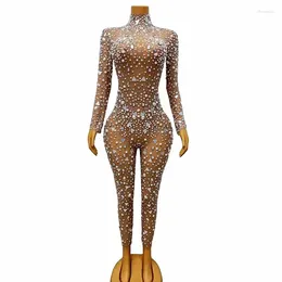 Stage Wear Sexy Nude Rhinestones Pearl Women Long Sleeve Jumpsuit Birthday Party Elastic Tight Mesh Romper Singer Nightclub Costume