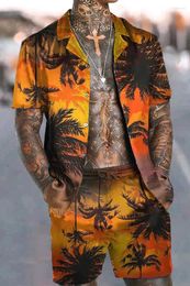 Men's Casual Shirts Fashion Hawaiian Print Short Sleeve Shirt Set Beach Coconut Shorts Daily Two-piece