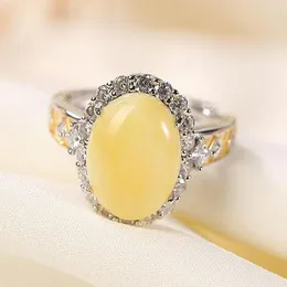 Cluster Rings 925 Sterling Silver Amber Ring With Zircon Women Adjustable Beeswax Honey Wax Healing Jewelry For Girlfriend Mom Gift