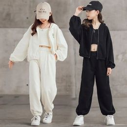 2024年春秋3pcsキッズトラックスーツファッションキッズ服ガールスポーツスーツソリッドベストジッパーコートパンツ衣装5-16 Y 240118