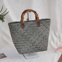 Shopping Bags Woven Bamboo Handle Handbag For Vacation Beach Bag