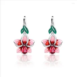 Dangle Earrings Red Flower Pendant Green Leaves Design Resin Exory Enamel For Girls Fashion Hanging Earring Jewelry