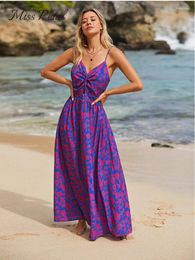 Casual Dresses Floral Print Knotted Maxi Dress For Women Sexy V-neck Back Tie Holiday Beach A-line 2024 Summer Female Sundress
