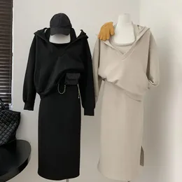 Work Dresses 2 Pcs/Set Women Hoodie Dress Suit Loose Halter Neck Sleeveless Long Sleeve Top Thick Warm Lady Winter Fall Set