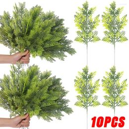 Decorative Flowers 10/1Pcs Artificial Pine Branches Simulation Green Plants DIY Garland Fake Leaves Xmas Tree Ornaments Year Party Decors