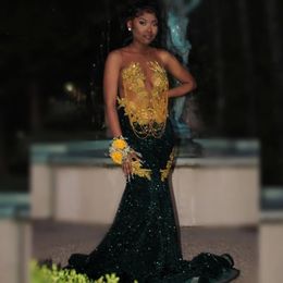 Dark Green Prom Dresses For Black Girls Rhinestone Tassel Mermaid Party See Through Evening Ocn Gowns