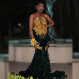 Dark Green Prom Dresses For Black Girls 2024 Rhinestone Tassel Mermaid Party Gowns See Through Evening Occasion Gowns