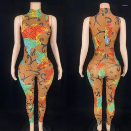 Stage Wear Full Rhinestones Printed Jumpsuit Sleeveless Diamond Gogo Dancer Outfit Women Jazz Costume Show Festival Clothes XS6385
