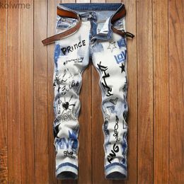 Men's Jeans Light luxury mens slim fit denim pants high quality embroidery print decorating blue pants street fashion sexy casual jeans; YQ240205