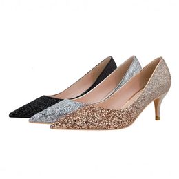 Women Snug Bling Pumps 6cm Thin Heels Sequined Cloth Wedding Night Club Party Bride Shoes Gold Black Silver Stilettos 34-41 25cm 240118