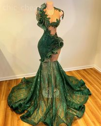 2024 ASO EBI GREEN MERMAID PROMドレスビーズクリスタルスパンコールレースイブニングフォーマルパーティー2番目のレセプションバースデーエンゲージメントガウンドレスローブDE SOIREEZJ100