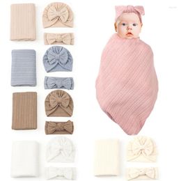 Blankets Autumn Winter Baby Blanket Born Knitted Swaddle Wrap With Bow Hat Turban Headband Set Cotton Solid Color Receiving