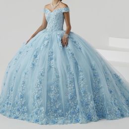 Sky Blue vestidos de 15 anos Luxury Quinceanera Dress Appliques Lace Beads Tull Off the Shoulder Princess Ball Gowns Sweet 16 Dresses