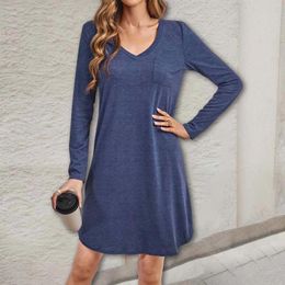 Casual Dresses 2024 Spring Women's Solid Colour Dress Long Sleeve V Neck Comfortable Homewear Loose Pullover Pyjamas