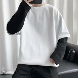 Men Tshirt Fake Two Piece Round Neck Bottoming Long Sleeve Contrast Color Pullover Spring Loose Patchwork Shirt 240130