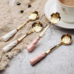 Spoons Stainless Steel Spoon With Ceramic Handle Flower Shape Tea Coffee Dessert Kitchen Tableware 1PCS
