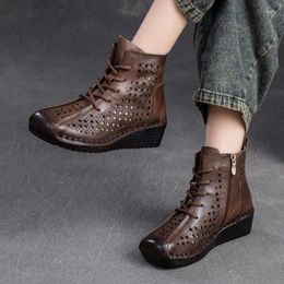 Dress Shoes Johnature Genuine Leather Retro Round Toe Sandals 2024 Spring Hollow-out Breathable Boots Women Wedge Heels