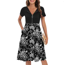 Casual Dresses Women Summer Vintage Flower Print Zipper A Line Flared Midi Party Swing Dress With Pocket