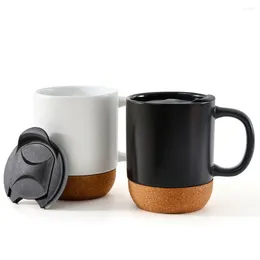 Water Bottles 350ML Matte Black Coffee Mug With Grip Handle Cork Bottom Detachable Dustproof Lid Heat-Resistant Ceramic Tea Milk Cup