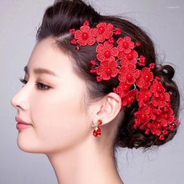 Hair Clips Red White Wedding Jewelry For Women Handmade Lace Flower Pearl Headbands Bridal Hairwear Accessories