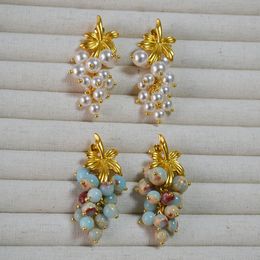 European and American retro literary stones beaded leaves and leaves Pearl -pearl French niche temperament 925 silver needle earrings earrings