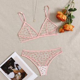 Bras Sets Temptation Love Polka Dots Lingerie Set Womens Sexy Mesh Perspective Bra Three Point Thin Underwear Bralette Mujer