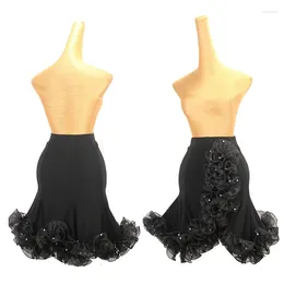 Stage Wear Fairy Flower Ruffled Latin Dance Skirt Women Sexy Slit Performance Clothes Rumba Salsa Costume Adult Black DNV19325