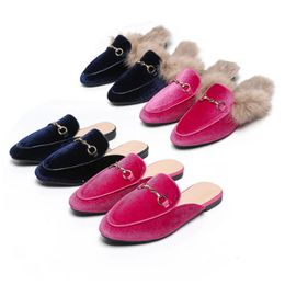 Women Cow Suede Metal Chain Slippers For Summer And Winter Artifical Rabbit Hairs Round Toe Flat Slides In Rose Red Blue 45-35 240118