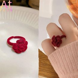 Wedding Rings Winter Autumn Style Flocking Wine Red Rose Flower Ring For Women Adjustale Open Design Lover Couple Gifts Velvet